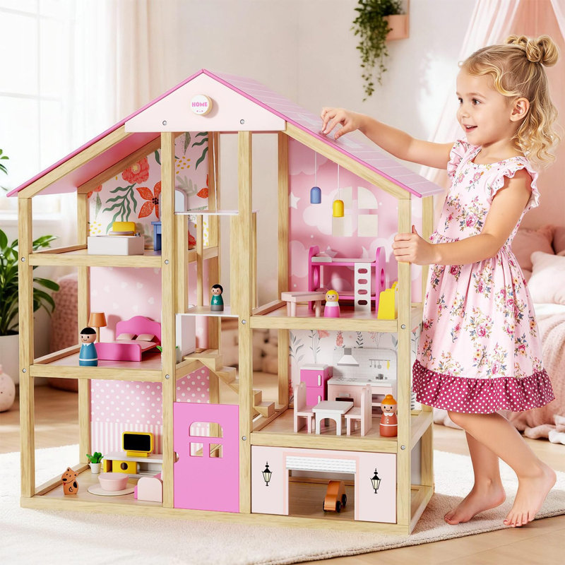 Suteck Wooden Dollhouse, Large Pink Wooden Doll House With 39